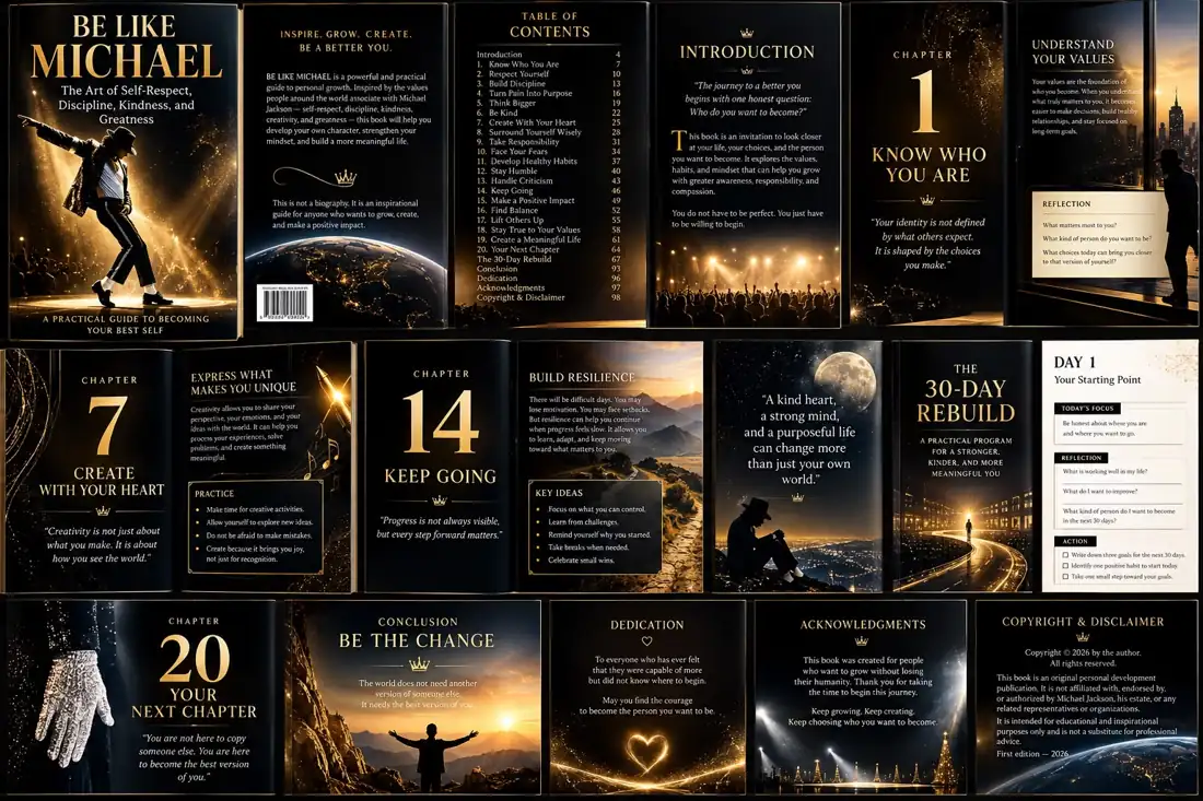 Be Like Michael book preview showing cover, chapter layouts, table of contents and reflection pages